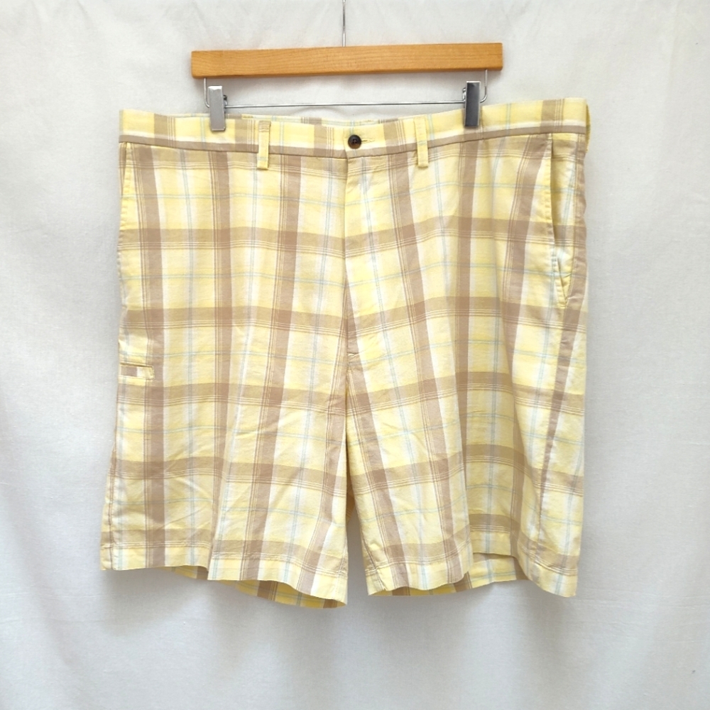 Haggar men's plaid yellow shorts cotton summer boat casual preppy 42 pastel